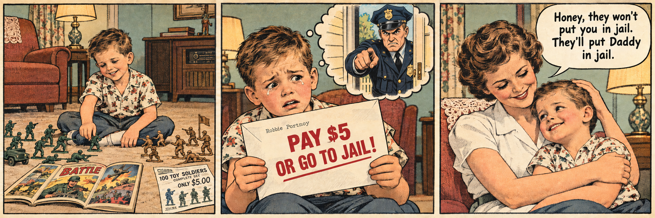 Three-panel illustration of young Robbie enjoying mail-order toy soldiers, fearing an angry policeman after receiving a five-dollar bill, and being comforted by his mother’s playful joke.