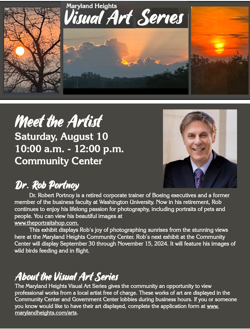 Maryland Heights Visual Art Series announcement featuring Dr. Rob Portnoy and his sunrise photography